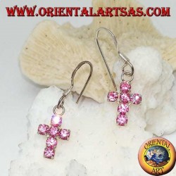 Silver earrings with cross pendant of pink zircons set