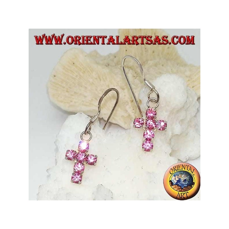 Silver earrings with cross pendant of pink zircons set