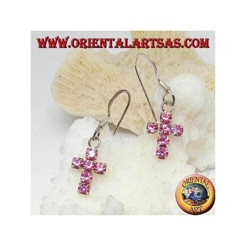 Boucles d'oreilles en argent avec pendentif croix de zircons roses