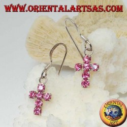 Silver earrings with cross pendant of pink zircons set