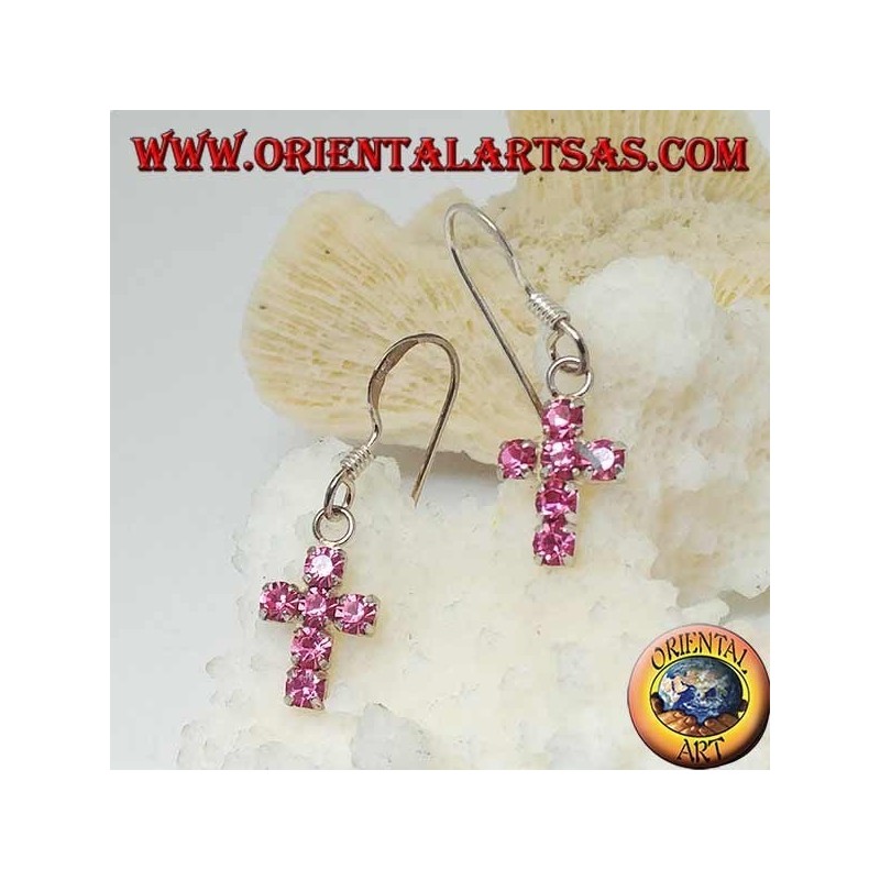 Silberne Ohrringe mit Kreuzanhänger aus rosa Zirkonen