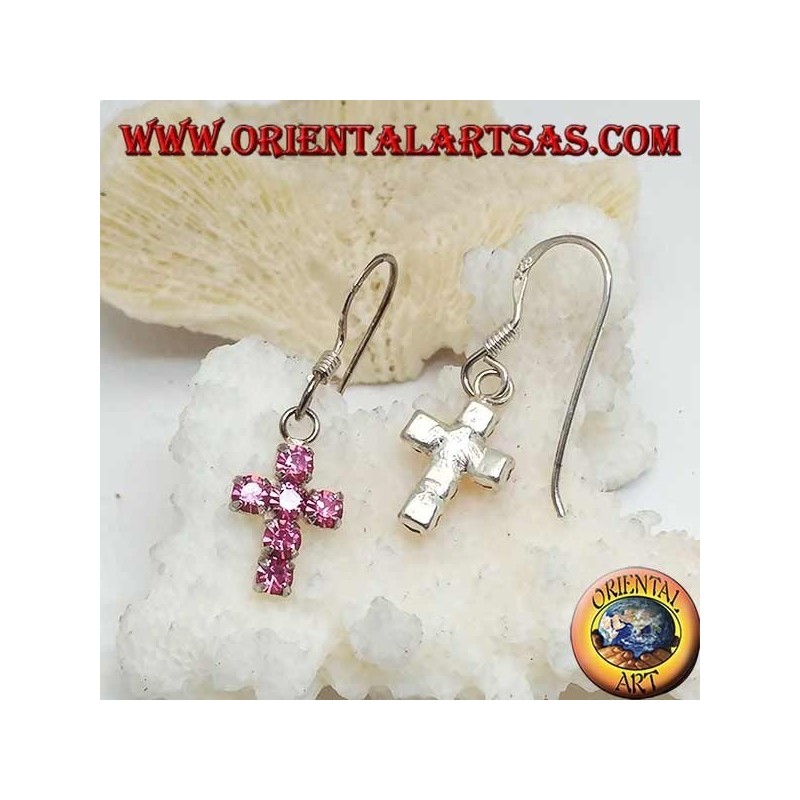 Silver earrings with cross pendant of pink zircons set