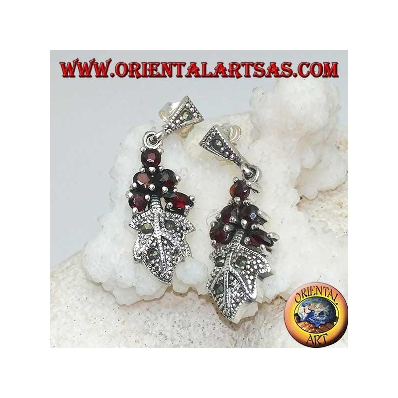 Silver earrings with 5 garnets set on a marcasite studded leaf