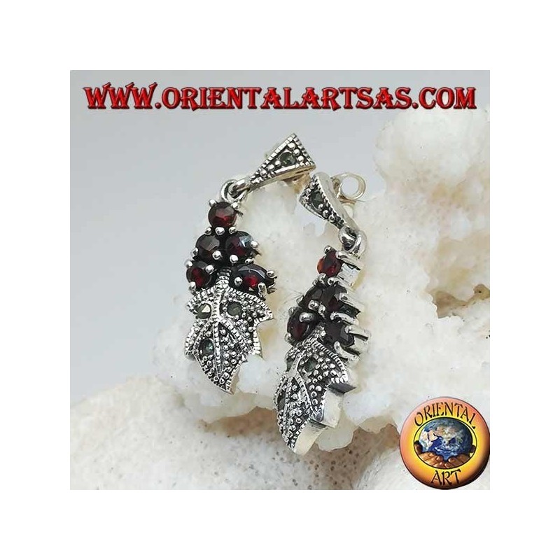 Silver earrings with 5 garnets set on a marcasite studded leaf