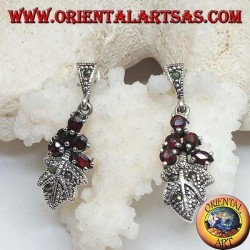 Silver earrings with 5 garnets set on a marcasite studded leaf