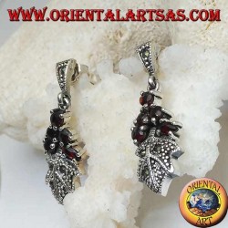 Silver earrings with 5 garnets set on a marcasite studded leaf