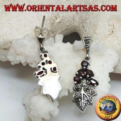 Silver earrings with 5 garnets set on a marcasite studded leaf