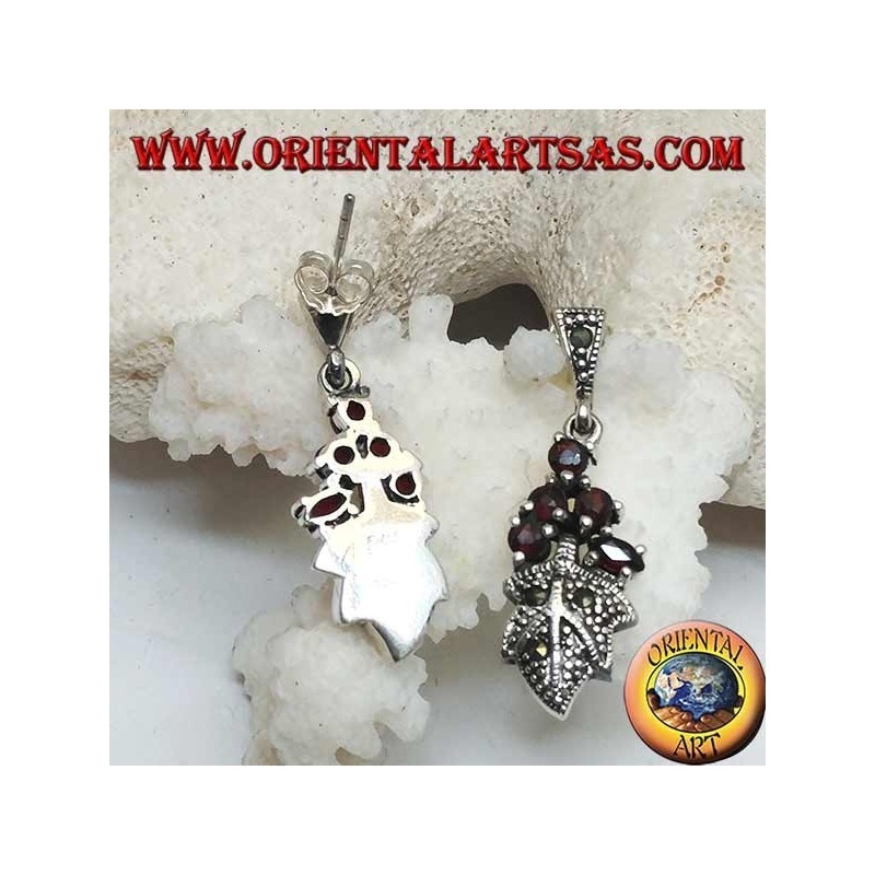 Silver earrings with 5 garnets set on a marcasite studded leaf