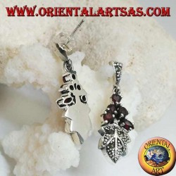Silver earrings with 5 garnets set on a marcasite studded leaf