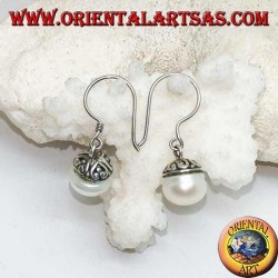 Silver earrings with freshwater pearl and ethnic decoration