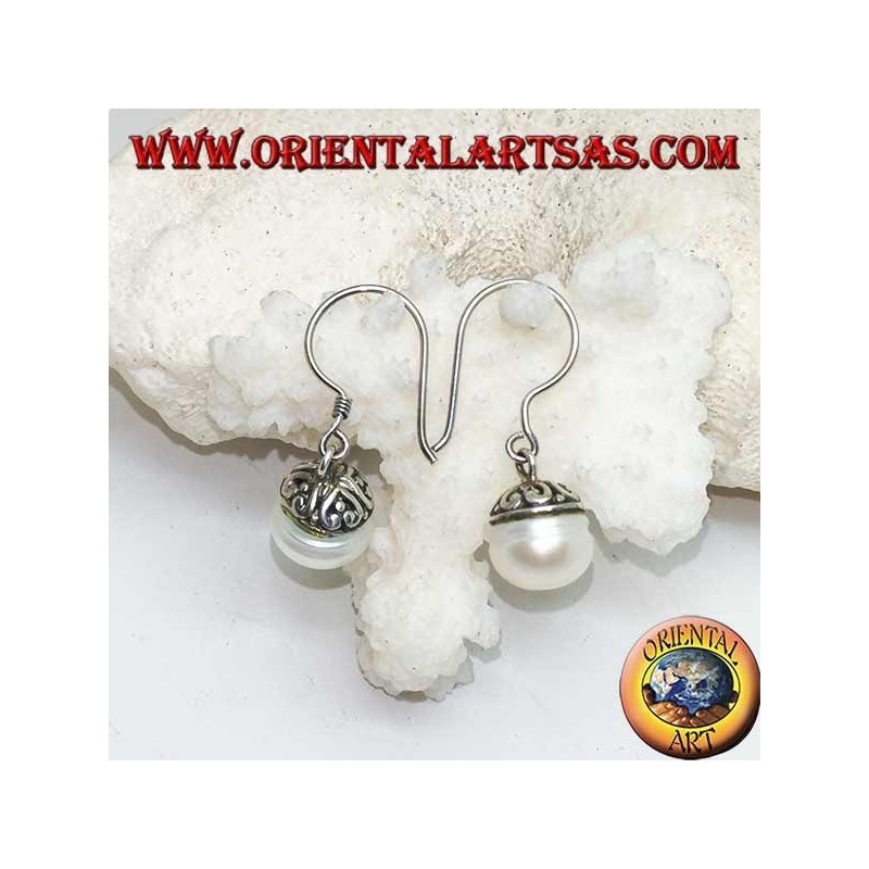 Silver earrings with freshwater pearl and ethnic decoration