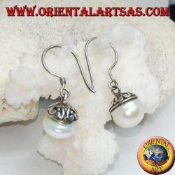 Silver earrings with freshwater pearl and ethnic decoration