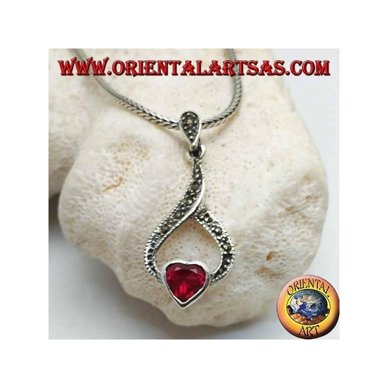 Silver pendant garnet heart in a marcasite drop thread