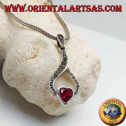 Colgante de plata corazón granate en hilo de marcasita