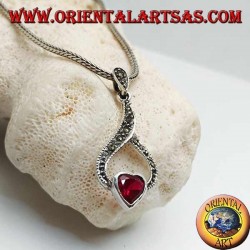 Silver pendant garnet heart in a marcasite drop thread