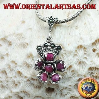 Colgante de plata con flor de rubíes naturales engastado con corona de marcasita