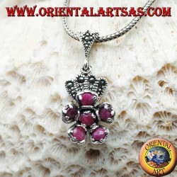 Silver flower pendant of natural rubies set with marcasite crown