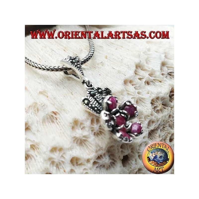Silver flower pendant of natural rubies set with marcasite crown