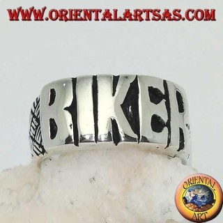Silver ring with "BIKER" written in block letters and engravings on the sides