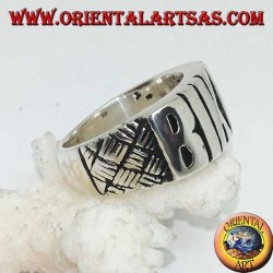 Silver ring with "BIKER" written in block letters and engravings on the sides