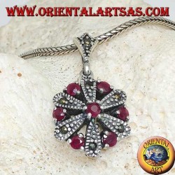 Daisy silver pendant with 6 +1 round and marcasite natural rubies