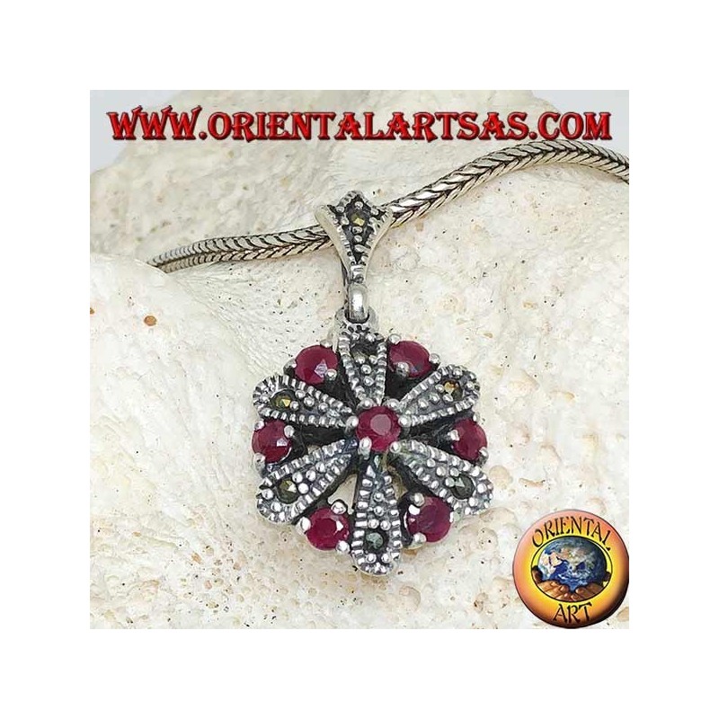 Daisy silver pendant with 6 +1 round and marcasite natural rubies