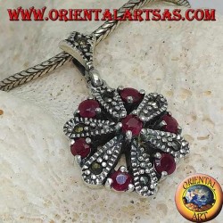 Daisy silver pendant with 6 +1 round and marcasite natural rubies