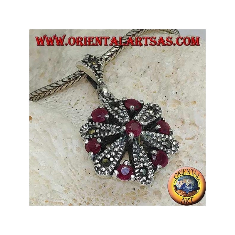 Daisy silver pendant with 6 +1 round and marcasite natural rubies