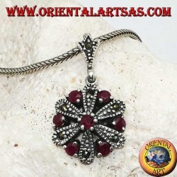 Daisy silver pendant with 6 +1 round and marcasite natural rubies