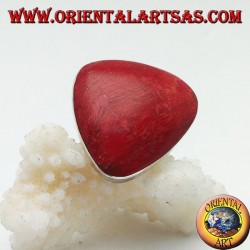 Silver ring with red rounded coral (coral) triangular adjustable (freesize)