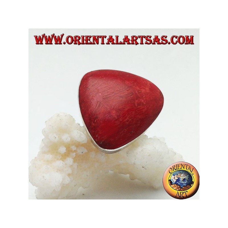 Silver ring with red rounded coral (coral) triangular adjustable (freesize)