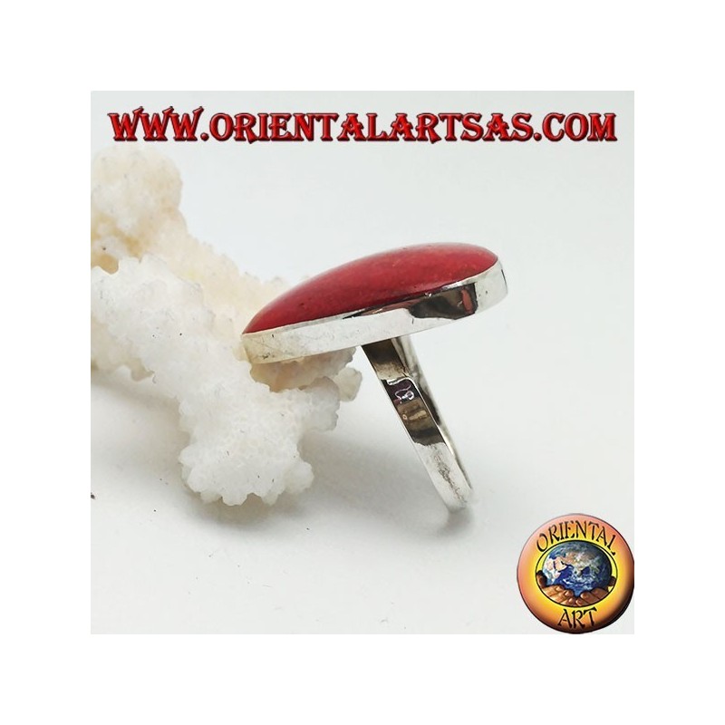 Silver ring with red rounded coral (coral) triangular adjustable (freesize)