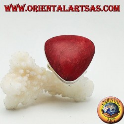 Silver ring with red rounded coral (coral) triangular adjustable (freesize)