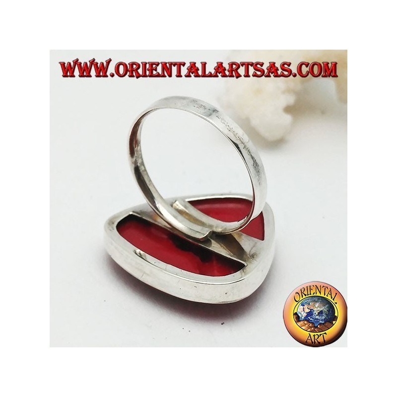Silver ring with red rounded coral (coral) triangular adjustable (freesize)