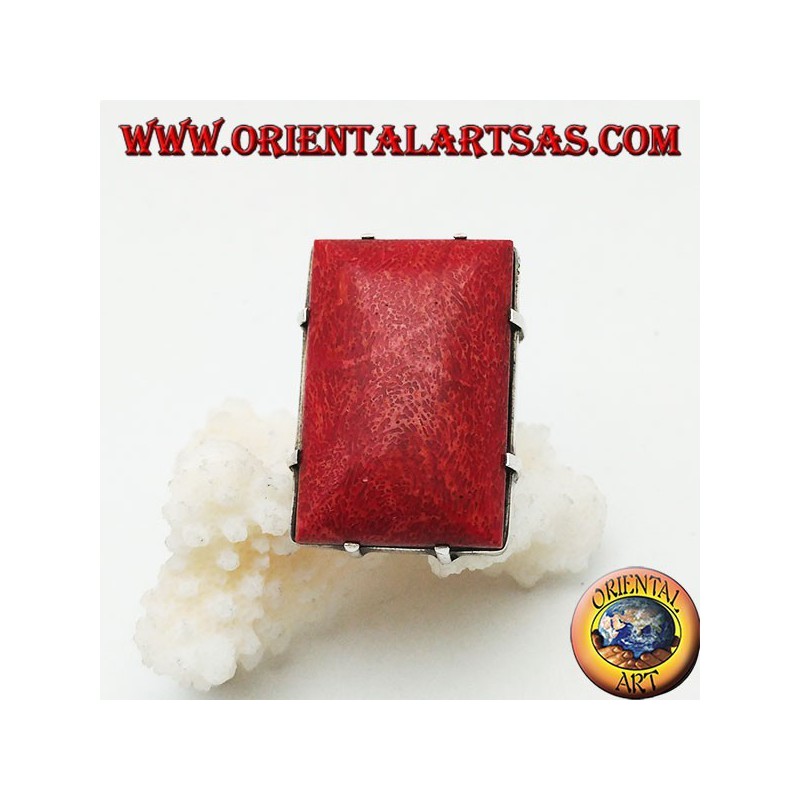 Anillo rectangular de plata con conjunto de madrepora roja (coral) (tamaño libre)