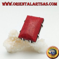 Anillo rectangular de plata con conjunto de madrepora roja (coral) (tamaño libre)