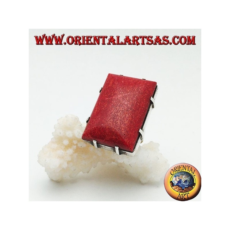 Bague rectangulaire en argent avec ensemble madrepora rouge (corail) (taille libre)