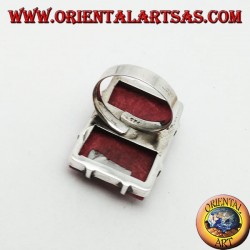 Rectangular silver ring with red madrepora (coral) set (freesize)