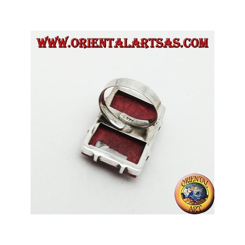 Bague rectangulaire en argent avec ensemble madrepora rouge (corail) (taille libre)