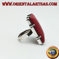 Rectangular silver ring with red madrepora (coral) set (freesize)