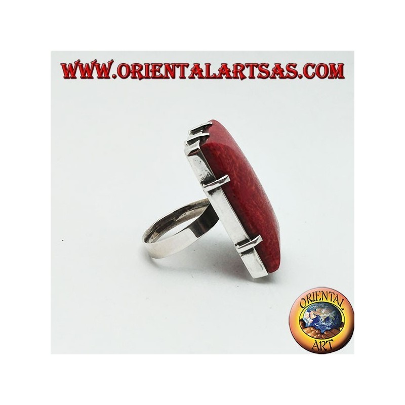 Anillo rectangular de plata con conjunto de madrepora roja (coral) (tamaño libre)