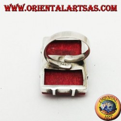 Rectangular silver ring with red madrepora (coral) set (freesize)