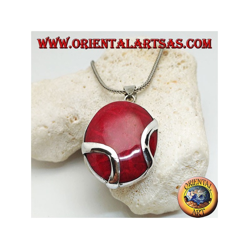 Colgante de plata madrepora rojo oval (coral) cruzado por dos bandas de plata