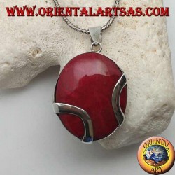 Colgante de plata madrepora rojo oval (coral) cruzado por dos bandas de plata