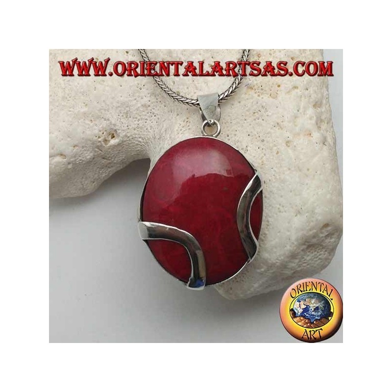 Ciondolo in argento madrepora rossa (corallo) ovale attraversata da due fascette d'argento