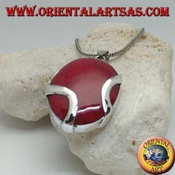 Ovaler roter (korallenroter) Madrepora-Silberanhänger, gekreuzt von zwei silbernen Bändern