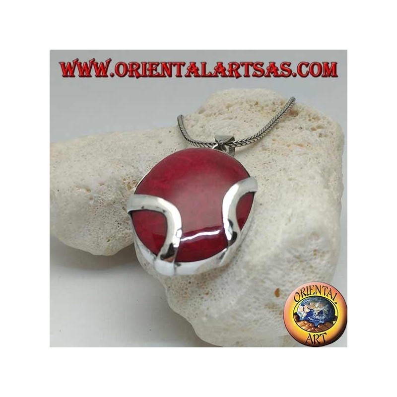 Oval red (coral) madrepora silver pendant crossed by two silver bands