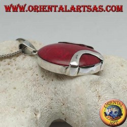 Oval red (coral) madrepora silver pendant crossed by two silver bands