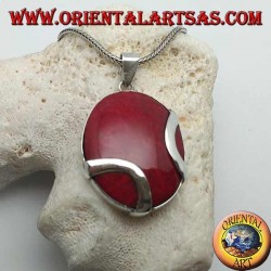 Colgante de plata madrepora rojo oval (coral) cruzado por dos bandas de plata