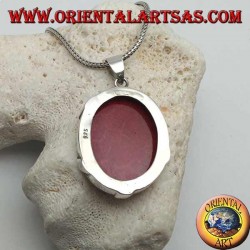 Oval red (coral) madrepora silver pendant crossed by two silver bands